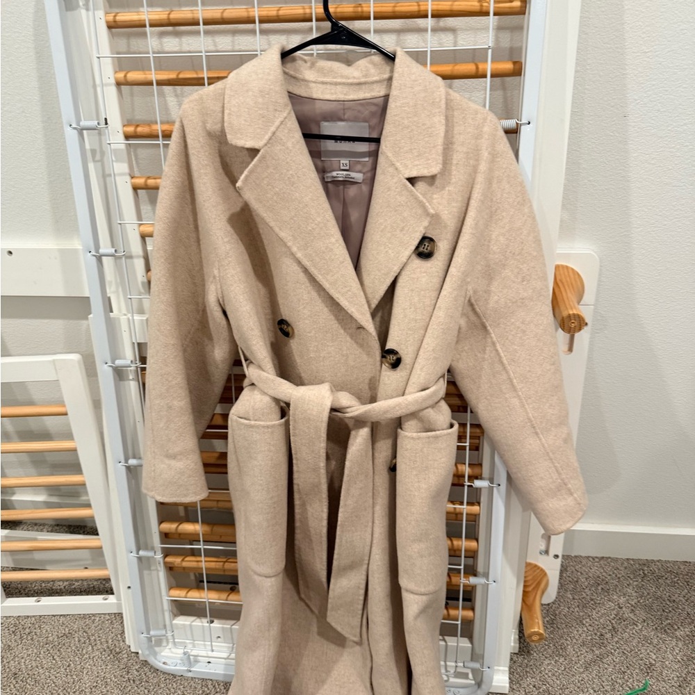 Long Double-Breasted Belted Trench Coat in Light Beige